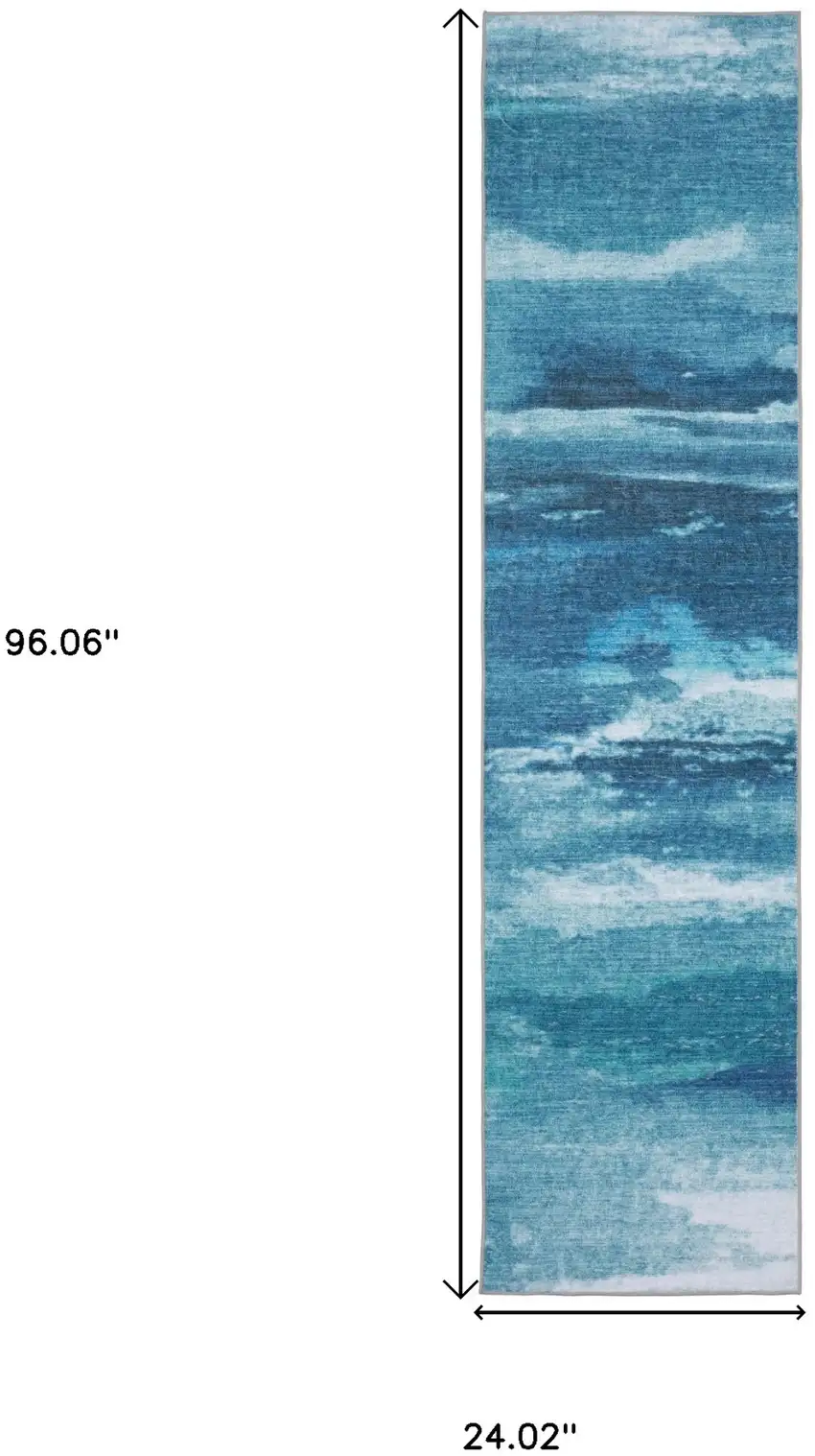 8' Sky Blue And Ivory Abstract Distressed Runner Rug Photo 3