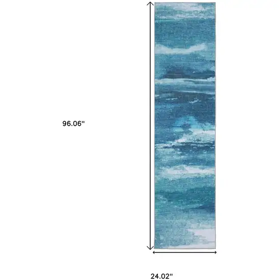 8' Sky Blue And Ivory Abstract Distressed Runner Rug Photo 3
