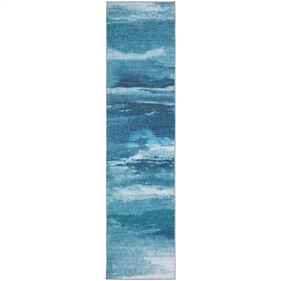8' Sky Blue And Ivory Abstract Distressed Runner Rug Photo 2