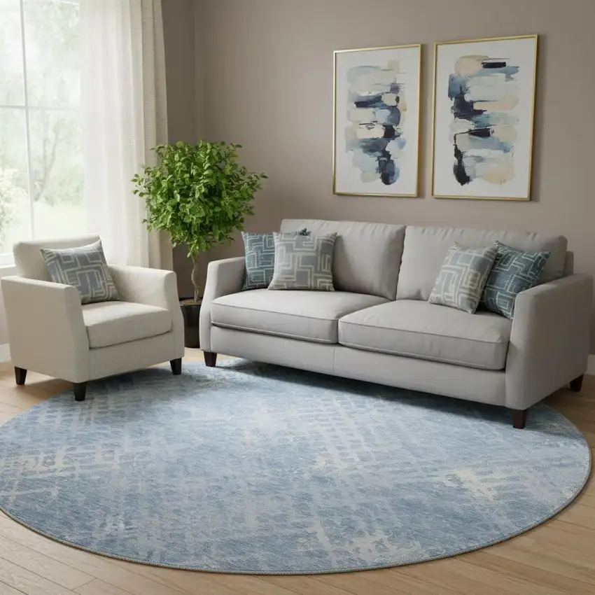 8' Sky Blue And Ivory Abstract Geometric Washable Round Rug With UV Protection Photo 1