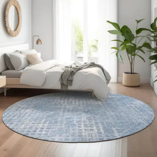 8' Sky Blue And Ivory Abstract Geometric Washable Round Rug With UV Protection Photo 5