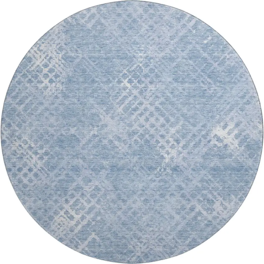 8' Sky Blue And Ivory Abstract Geometric Washable Round Rug With UV Protection Photo 1