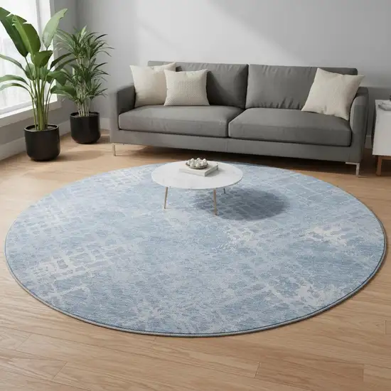 8' Sky Blue And Ivory Abstract Geometric Washable Round Rug With UV Protection Photo 2