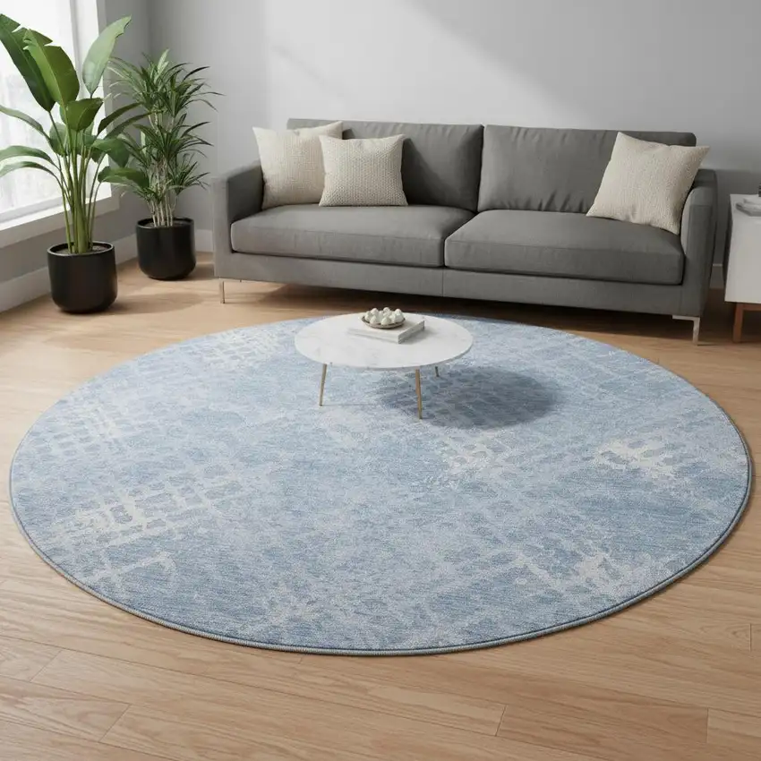 8' Sky Blue And Ivory Abstract Geometric Washable Round Rug With UV Protection Photo 2