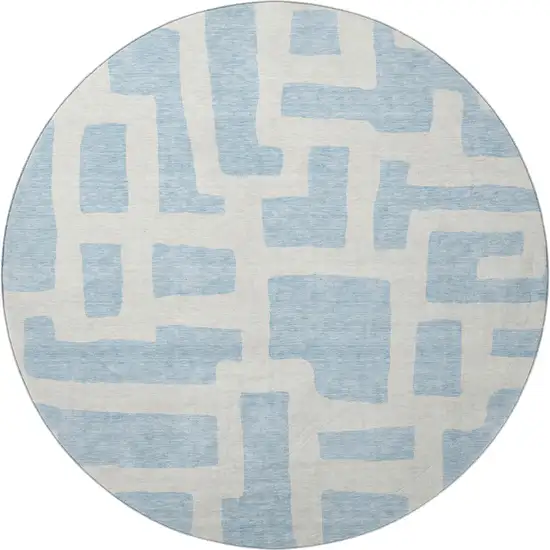 8' Sky Blue And Ivory Abstract Geometric Washable Round Rug With UV Protection Photo 3
