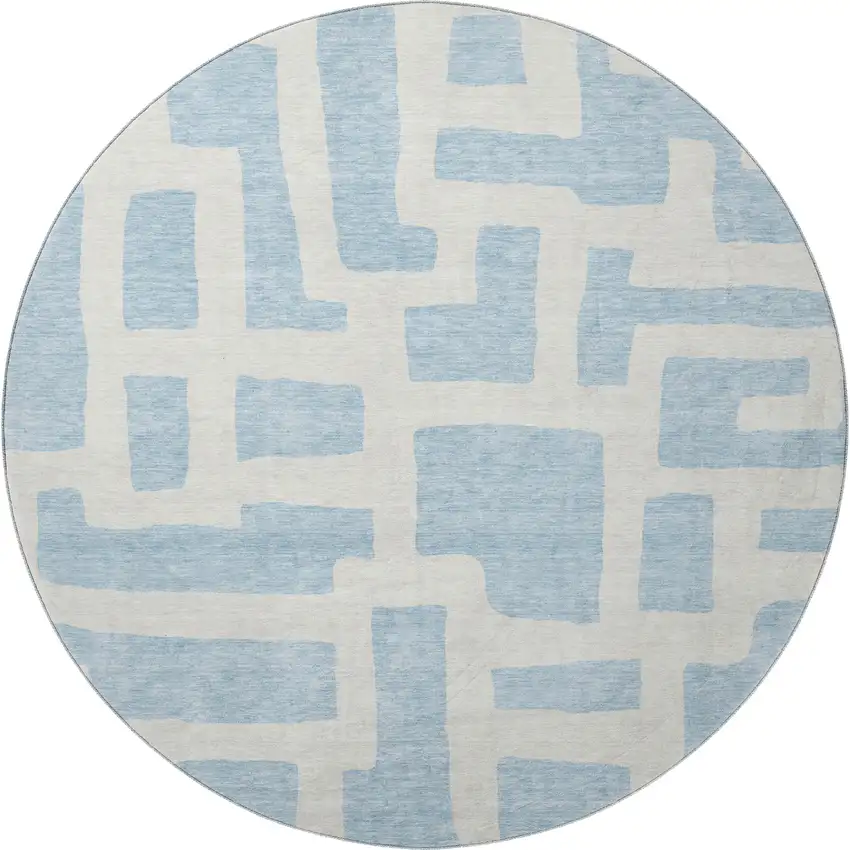 8' Sky Blue And Ivory Abstract Geometric Washable Round Rug With UV Protection Photo 3