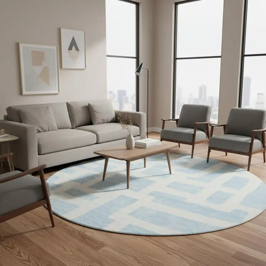 8' Sky Blue And Ivory Abstract Geometric Washable Round Rug With UV Protection Photo 2