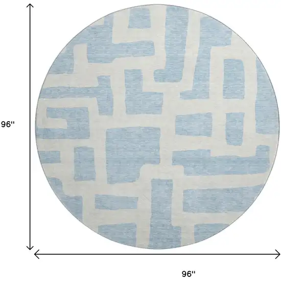 8' Sky Blue And Ivory Abstract Geometric Washable Round Rug With UV Protection Photo 9