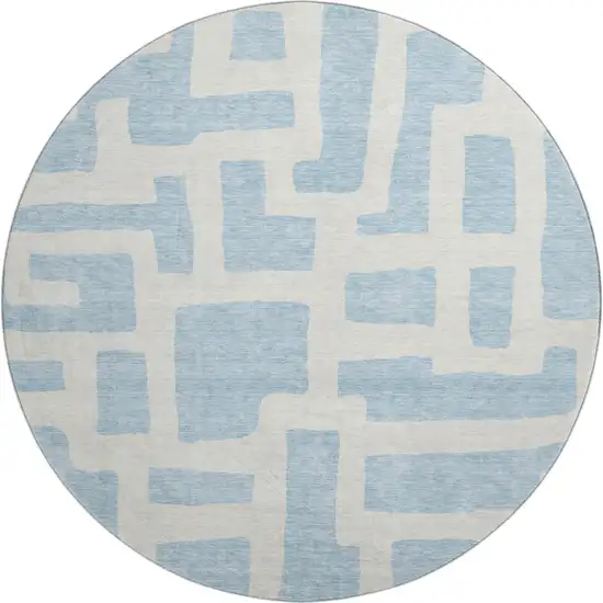 8' Sky Blue And Ivory Abstract Geometric Washable Round Rug With UV Protection Photo 1