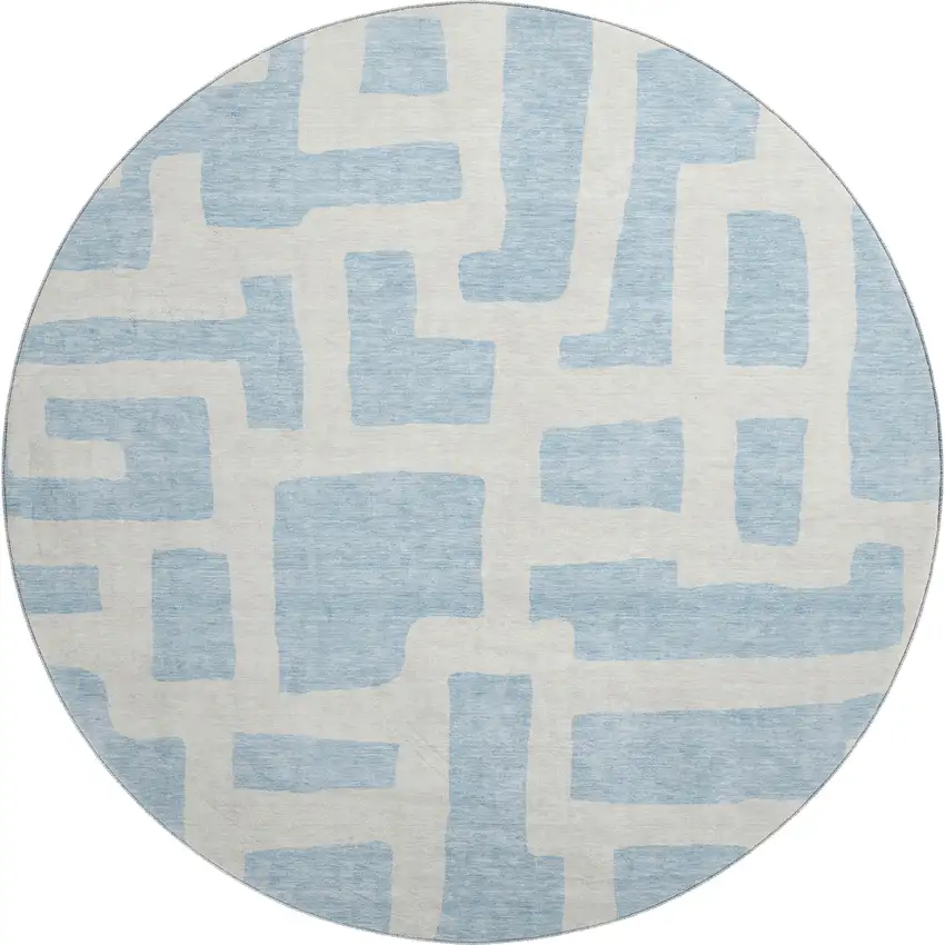 8' Sky Blue And Ivory Abstract Geometric Washable Round Rug With UV Protection Photo 1