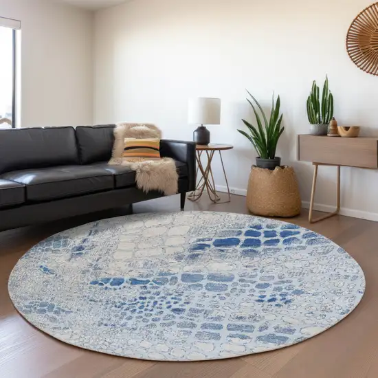 8' Sky Blue And Ivory Abstract Geometric Washable Round Rug With UV Protection Photo 4