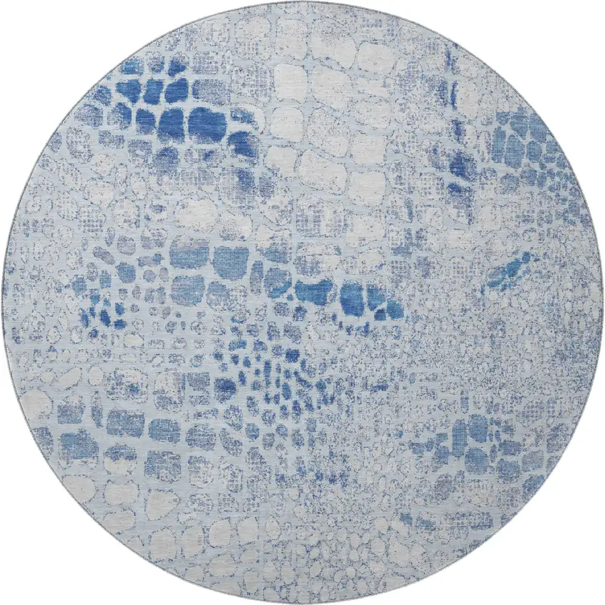 8' Sky Blue And Ivory Abstract Geometric Washable Round Rug With UV Protection Photo 3