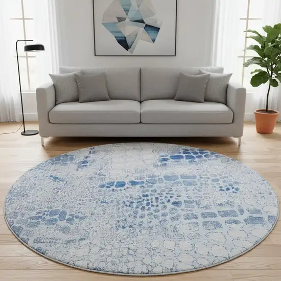 8' Sky Blue And Ivory Abstract Geometric Washable Round Rug With UV Protection Photo 2