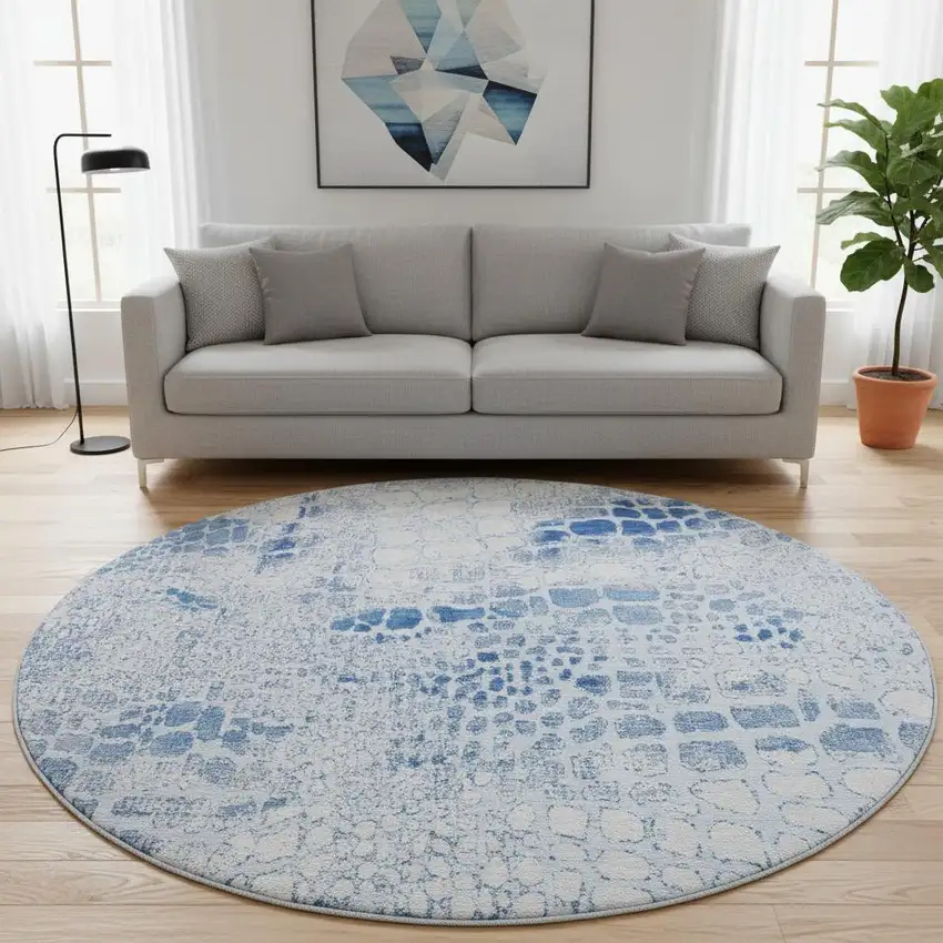 8' Sky Blue And Ivory Abstract Geometric Washable Round Rug With UV Protection Photo 2