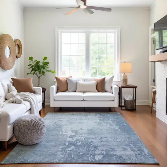 8' Sky Blue And Ivory Abstract Washable Area Rug With UV Protection Photo 5