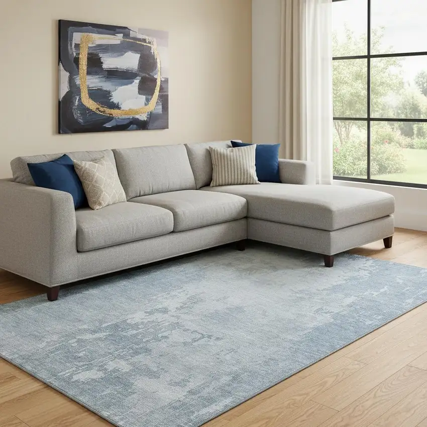 8' Sky Blue And Ivory Abstract Washable Area Rug With UV Protection Photo 2