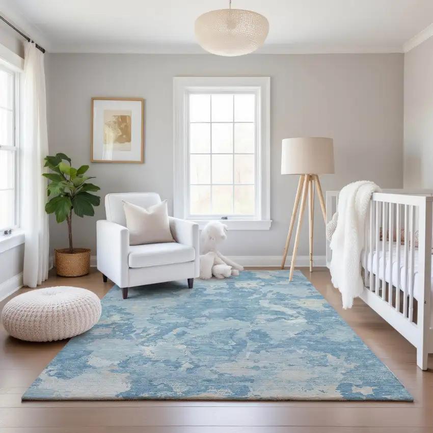 8' Sky Blue And Ivory Abstract Washable Area Rug With UV Protection Photo 5