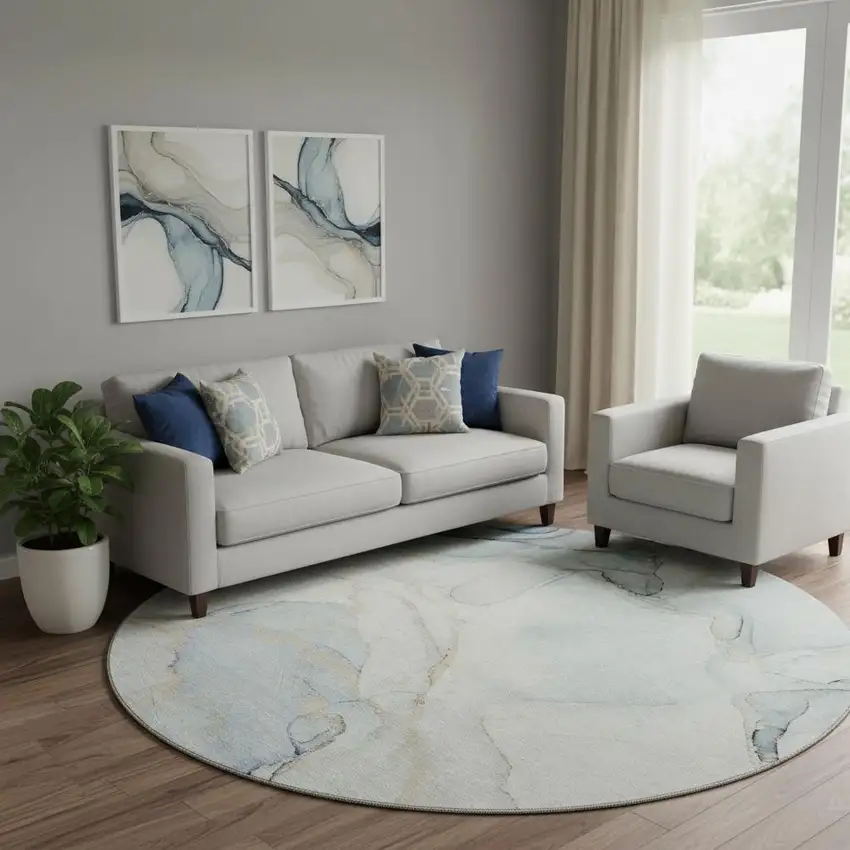 8' Sky Blue And Ivory Abstract Washable Round Rug With UV Protection Photo 1