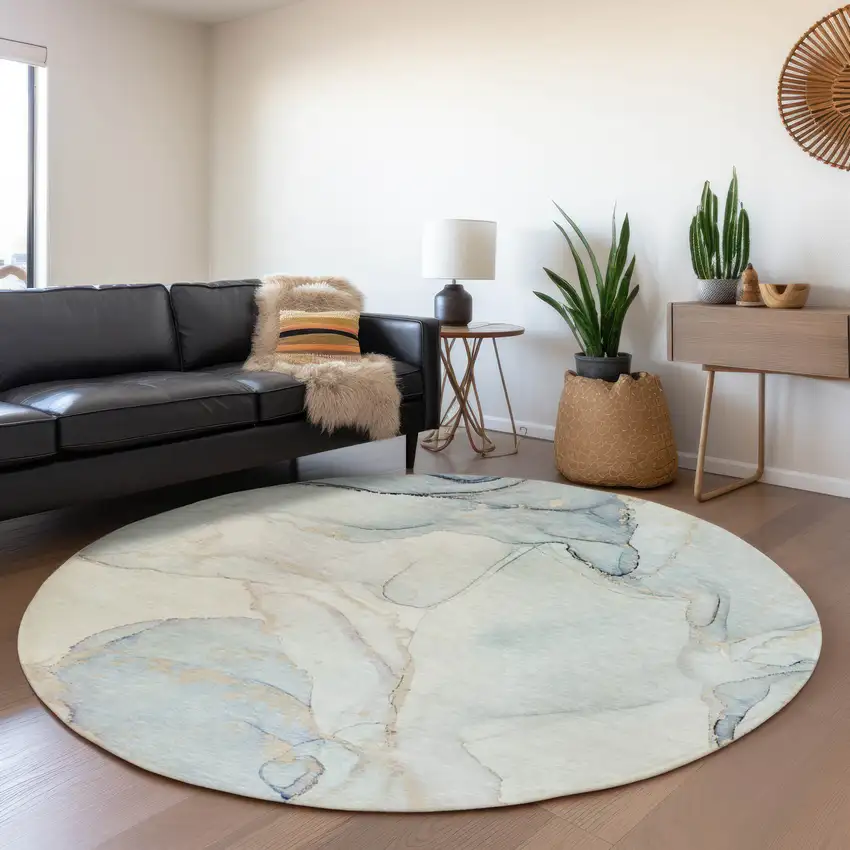 8' Sky Blue And Ivory Abstract Washable Round Rug With UV Protection Photo 5