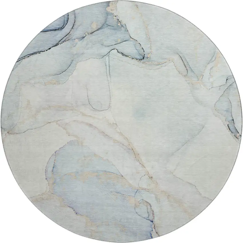 8' Sky Blue And Ivory Abstract Washable Round Rug With UV Protection Photo 1