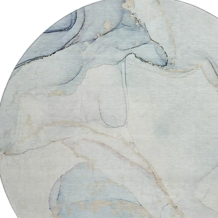 8' Sky Blue And Ivory Abstract Washable Round Rug With UV Protection Photo 3