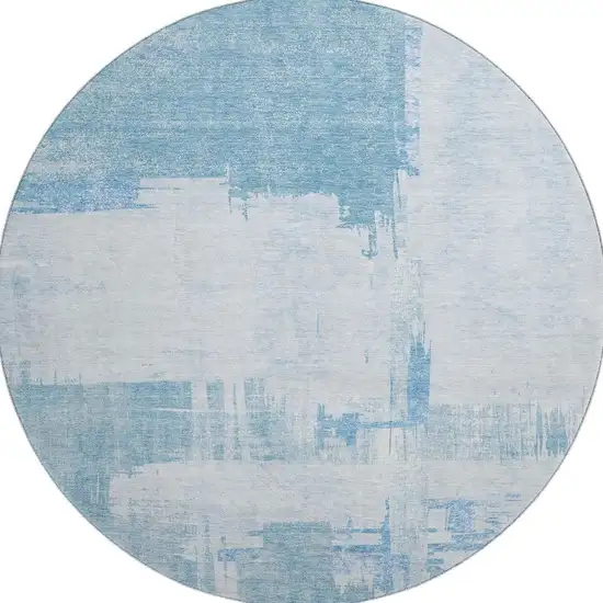8' Sky Blue And Ivory Abstract Washable Round Rug With UV Protection Photo 3