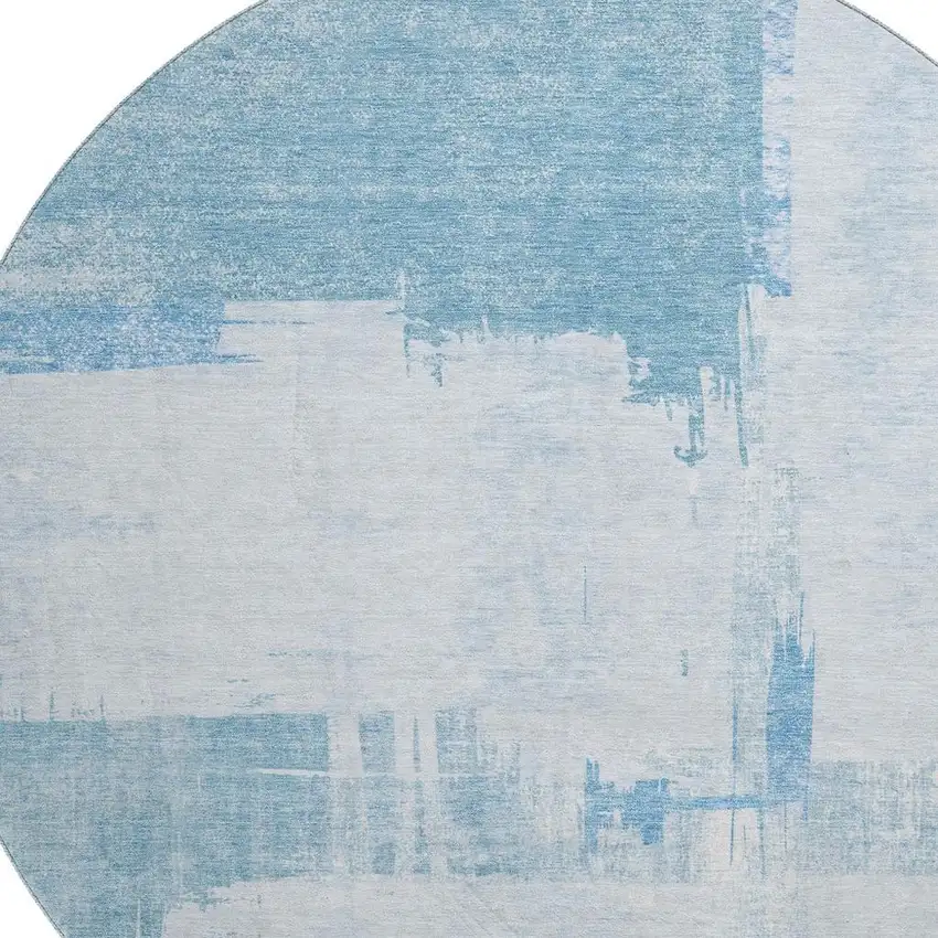 8' Sky Blue And Ivory Abstract Washable Round Rug With UV Protection Photo 2