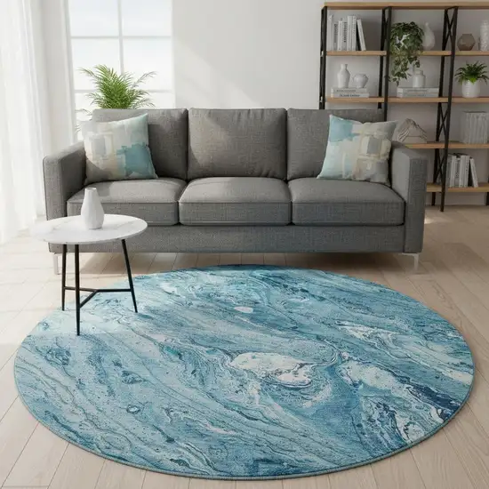 8' Sky Blue And Ivory Abstract Washable Round Rug With UV Protection Photo 2