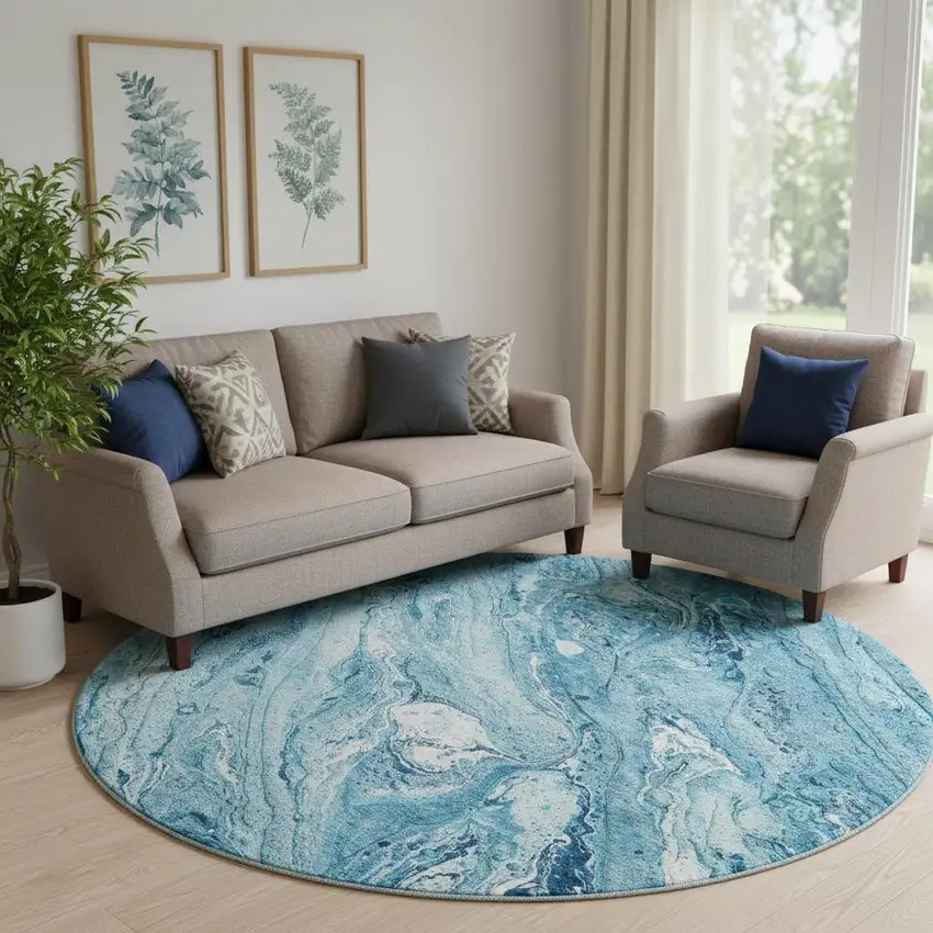 8' Sky Blue And Ivory Abstract Washable Round Rug With UV Protection Photo 1