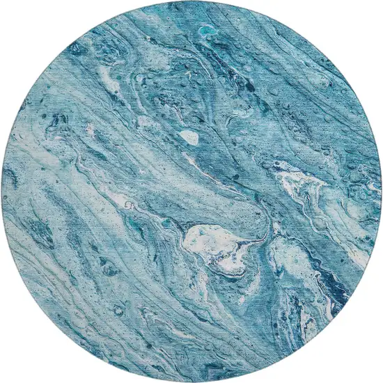 8' Sky Blue And Ivory Abstract Washable Round Rug With UV Protection Photo 1
