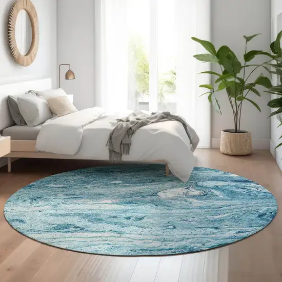 8' Sky Blue And Ivory Abstract Washable Round Rug With UV Protection Photo 5