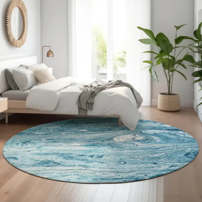 8' Sky Blue And Ivory Abstract Washable Round Rug With UV Protection Photo 5