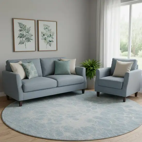 8' Sky Blue And Ivory Abstract Washable Round Rug With UV Protection Photo 1