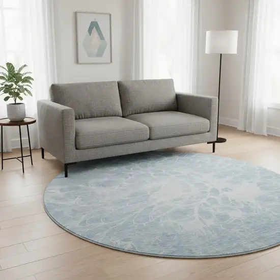 8' Sky Blue And Ivory Abstract Washable Round Rug With UV Protection Photo 2