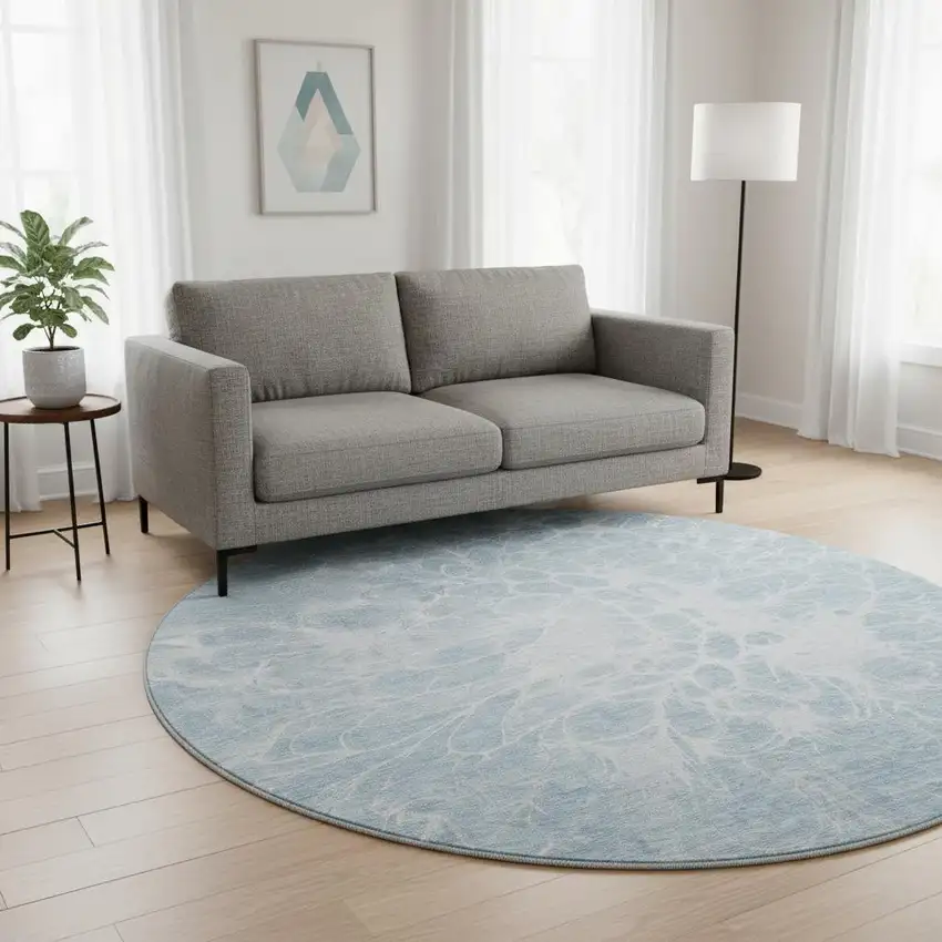8' Sky Blue And Ivory Abstract Washable Round Rug With UV Protection Photo 2