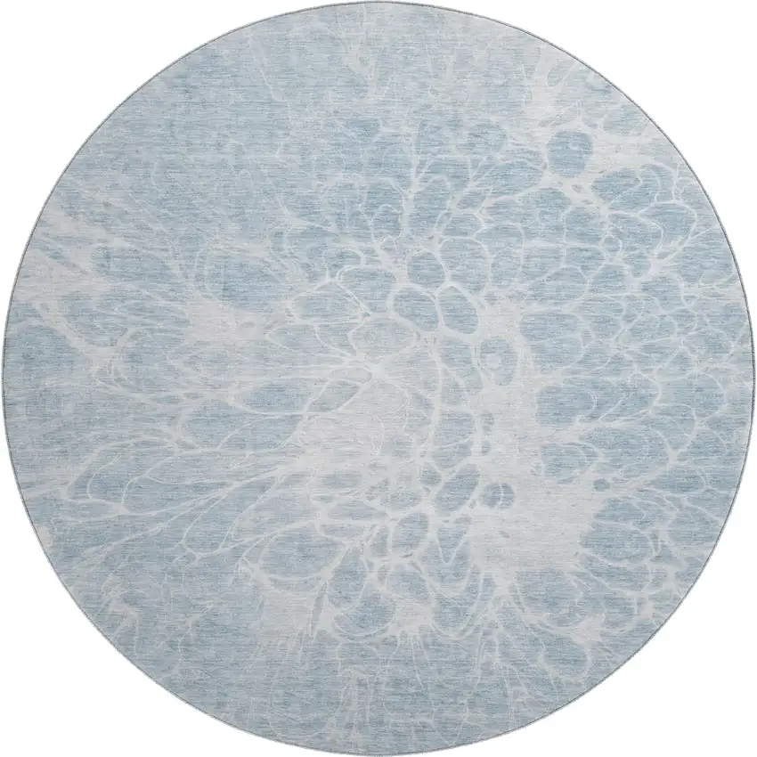 8' Sky Blue And Ivory Abstract Washable Round Rug With UV Protection Photo 1