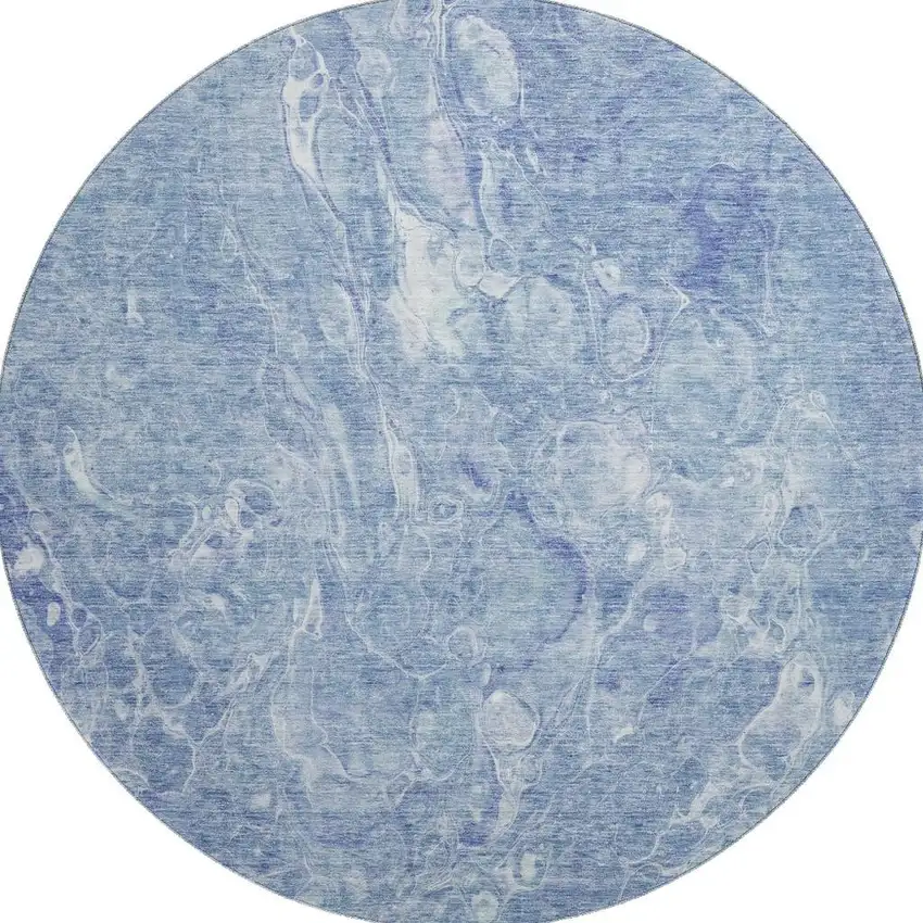 8' Sky Blue And Ivory Abstract Washable Round Rug With UV Protection Photo 3