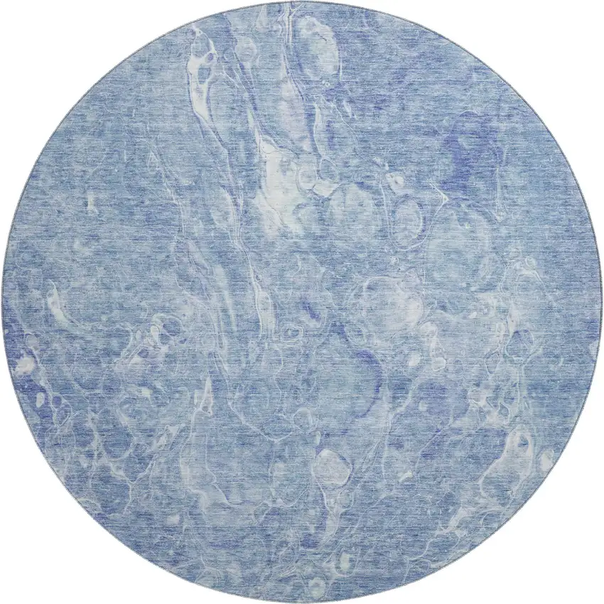 8' Sky Blue And Ivory Abstract Washable Round Rug With UV Protection Photo 1