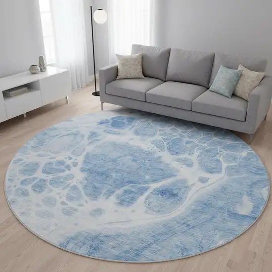 8' Sky Blue And Ivory Abstract Washable Round Rug With UV Protection Photo 2