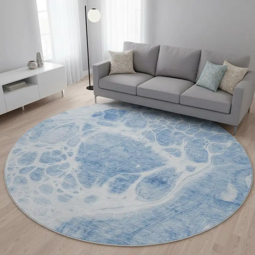 8' Sky Blue And Ivory Abstract Washable Round Rug With UV Protection Photo 2