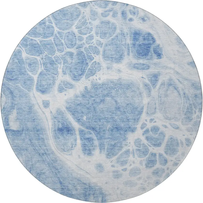 8' Sky Blue And Ivory Abstract Washable Round Rug With UV Protection Photo 3