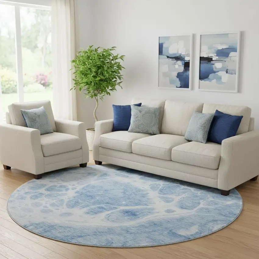 8' Sky Blue And Ivory Abstract Washable Round Rug With UV Protection Photo 1