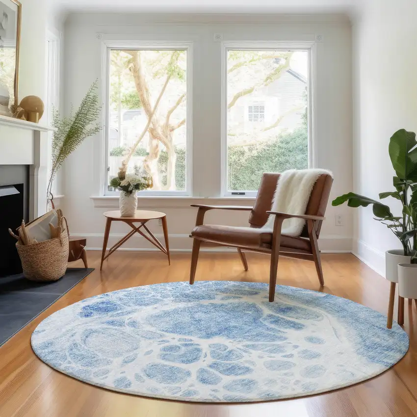8' Sky Blue And Ivory Abstract Washable Round Rug With UV Protection Photo 5