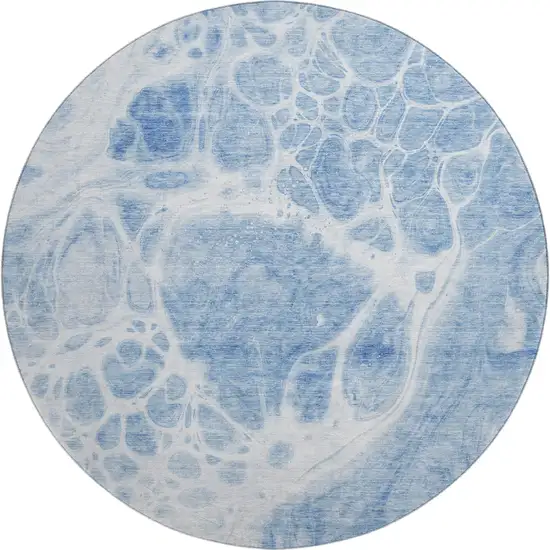 8' Sky Blue And Ivory Abstract Washable Round Rug With UV Protection Photo 1