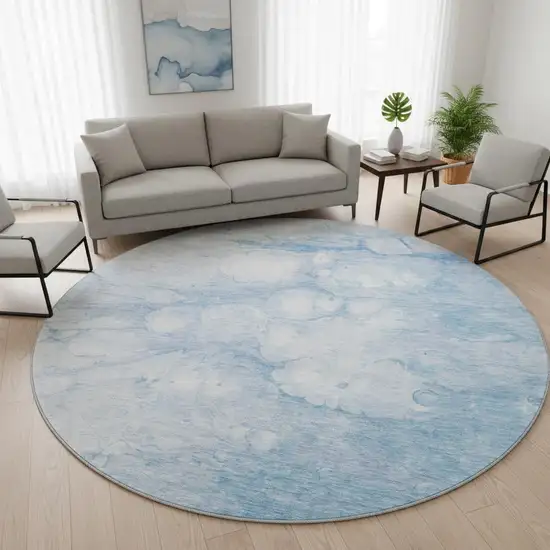 8' Sky Blue And Ivory Abstract Washable Round Rug With UV Protection Photo 2