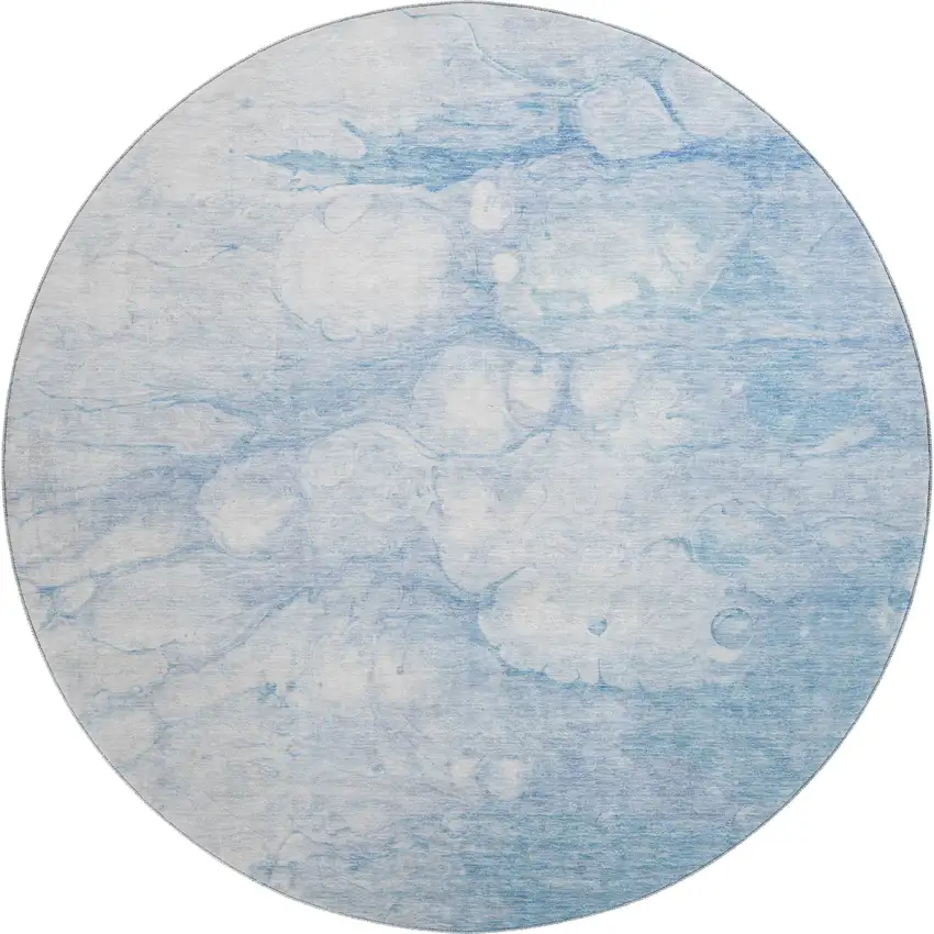 8' Sky Blue And Ivory Abstract Washable Round Rug With UV Protection Photo 6