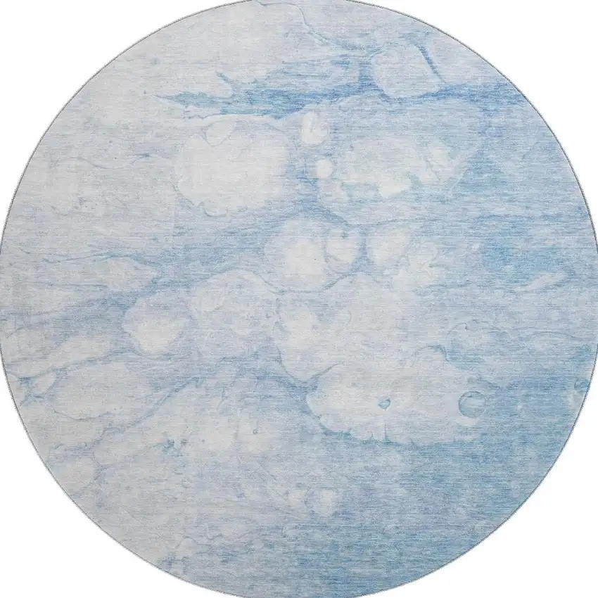 8' Sky Blue And Ivory Abstract Washable Round Rug With UV Protection Photo 1