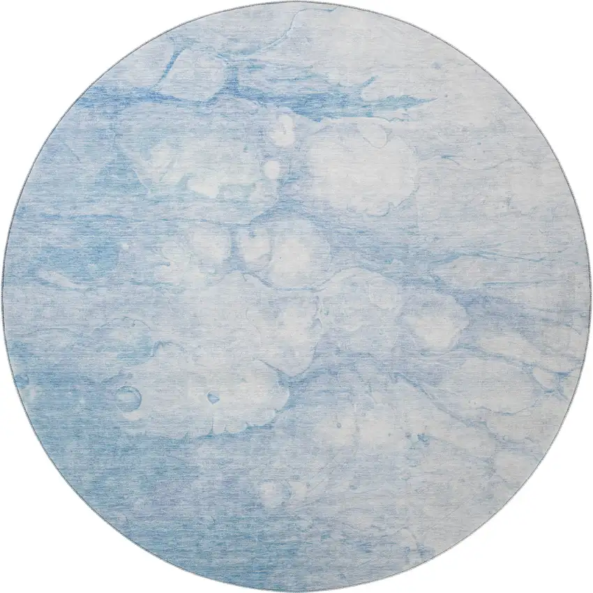 8' Sky Blue And Ivory Abstract Washable Round Rug With UV Protection Photo 3