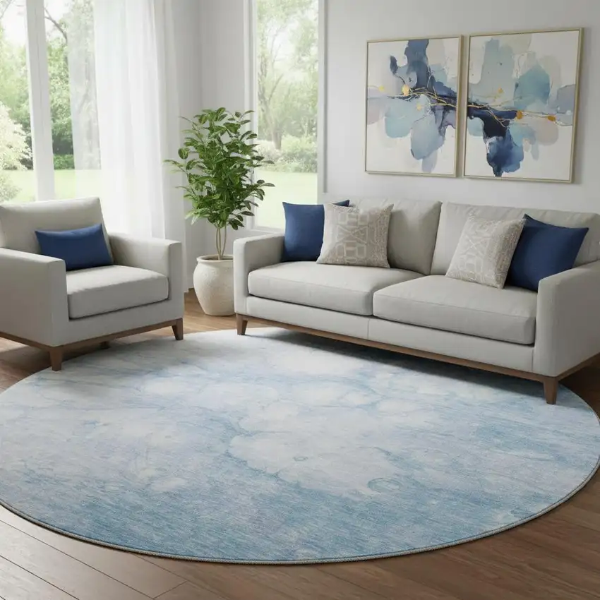 8' Sky Blue And Ivory Abstract Washable Round Rug With UV Protection Photo 1