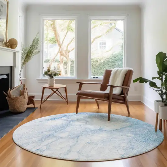 8' Sky Blue And Ivory Abstract Washable Round Rug With UV Protection Photo 6